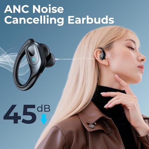 occiam Active Noise Cancelling Ear Buds Bluetooth Headphones Wireless Earbuds 90Hrs Playback Stereo Bass Earphones with Over-Ear Hooks IPX7 Waterproof Earbud for Sports Running Gym Workout Black - Image 2
